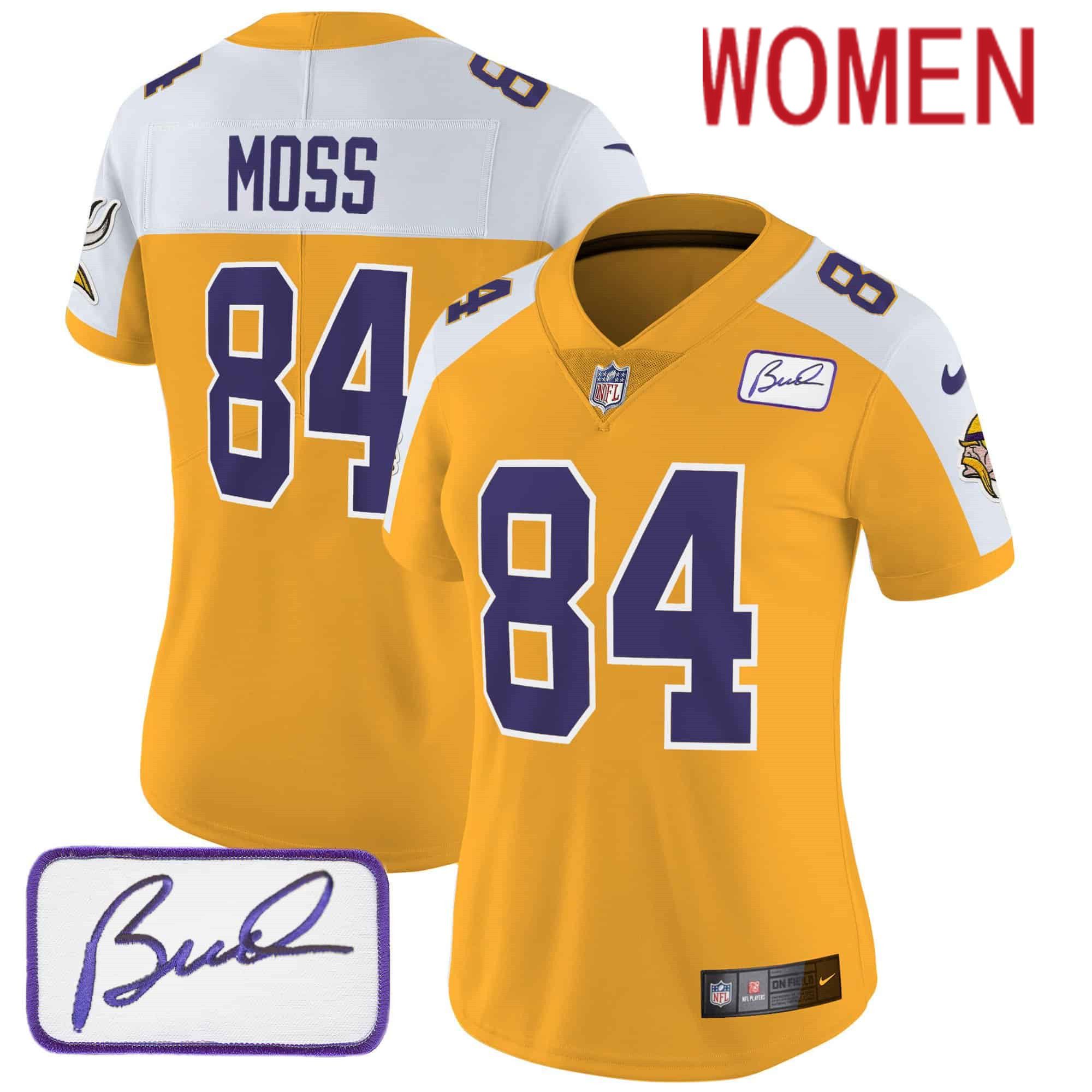 Women Minnesota Vikings 84 Moss Yellow 2024 Nike Bud Grant Patch Classic Limited NFL Jersey style 2